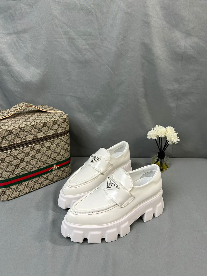 Prada Brushed Leather Monolith Loafers White