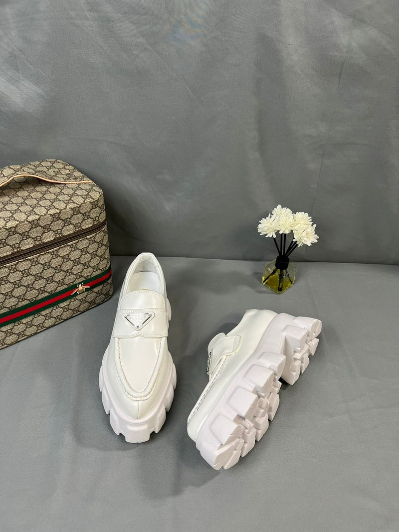 Prada Brushed Leather Monolith Loafers White
